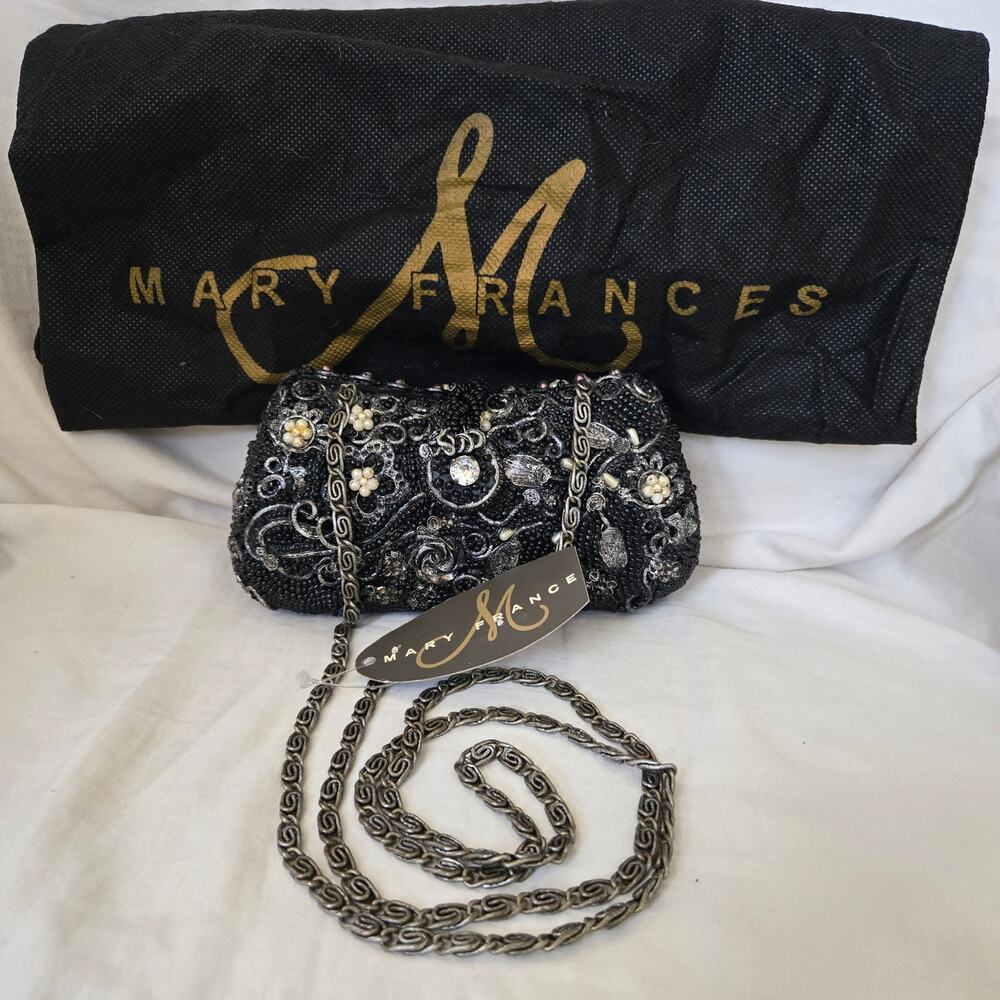 Vtg NWT Mary Frances Beaded Minaudiere Black/Silver BAC 956-68 Wearable Art
